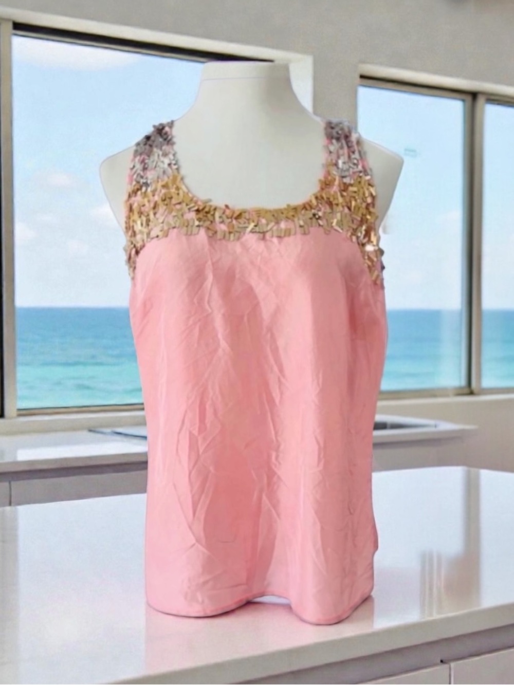 TRINA TURK Racer Back Silk Sequin Tank Top Size Large